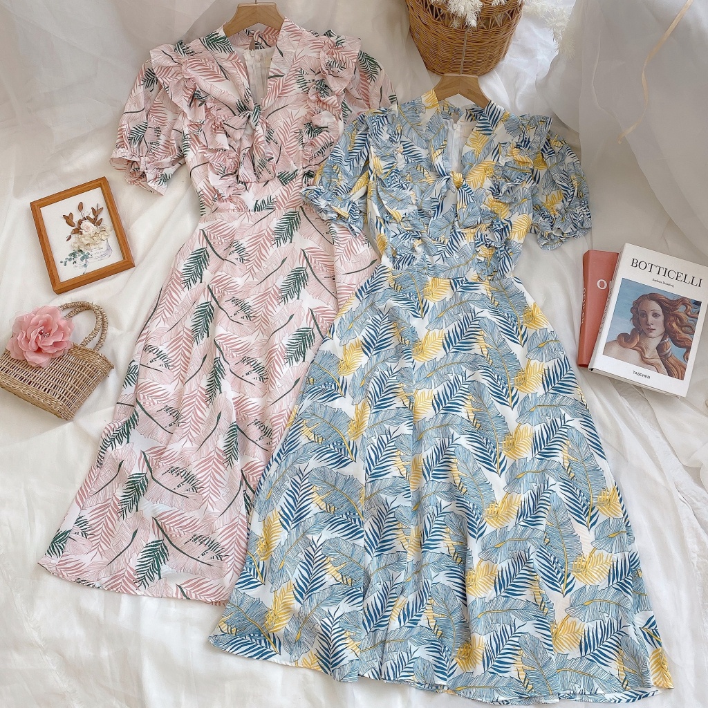 🌸ĐẦM HỒNG XANH HOẠ TIẾT CỘT EO - CHẤT LIỆU CAO CẤP - MÀU HỒNG / XANH BÁNH BÈO | BigBuy360 - bigbuy360.vn