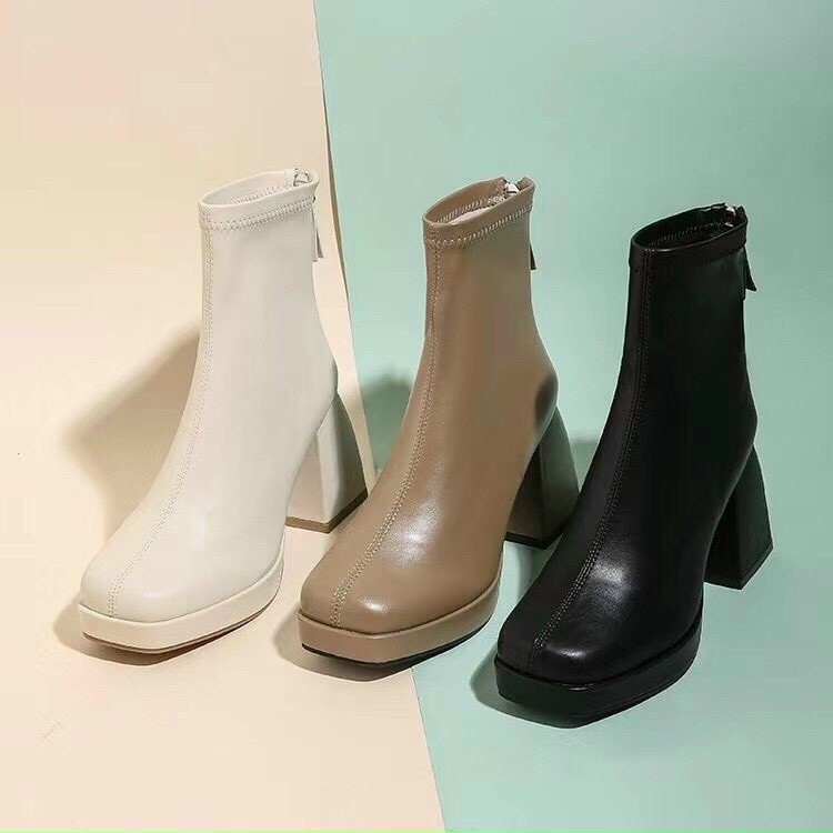 Y10- Bốt nữ, boot nữ, Bốt nữ cổ lửng, BỐT NỮ TRƠN KHÓA SAU ĐỘN ĐẾ 7CM
