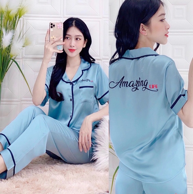 ĐỒ BỘ MẶC NHÀ TAY NGẮN QUẦN DÀI PIJAMA SATIN LỤA  THÊU LƯNG SIÊU ĐẸP