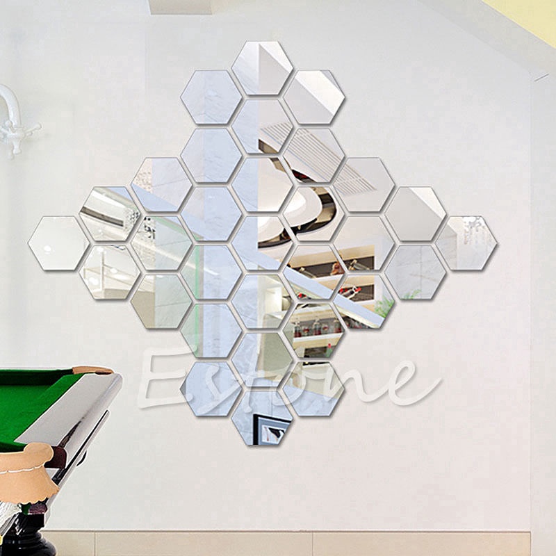 Bộ 12 Miếng Dán Tường Tráng Gương Hình Lục Giác 3D Màu Vàng / Bạc Họa Tiết Tổ Ong Độc Đáo Trang Trí Nhà Cửa / Văn Phòng / Phòng