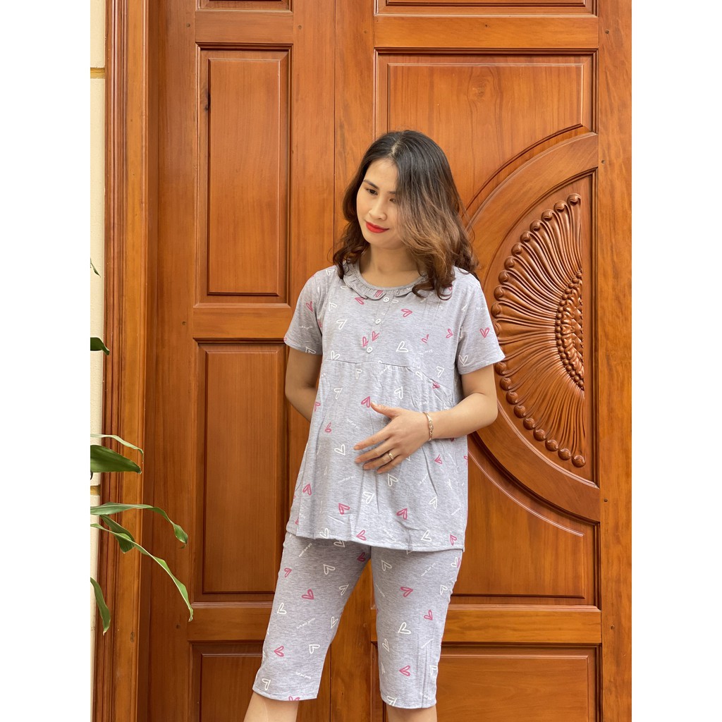 Bộ đồ bầu LỬNG TIM CỔ BÈO mặc bầu và sau sinh chất thun cotton 100%