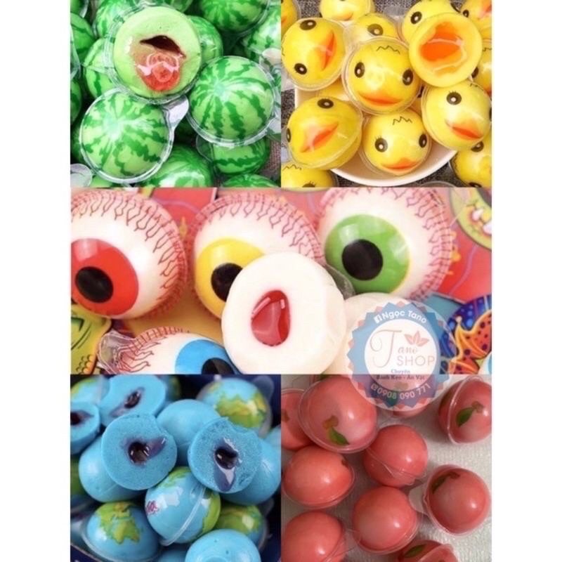 Sỉ Lọ Mix 50 Chiếc Kẹo Dẻo Có Nhân ( trái đất , con mắt , vịt , dưa , người nhện , bóng ) Hot Hiện Nay