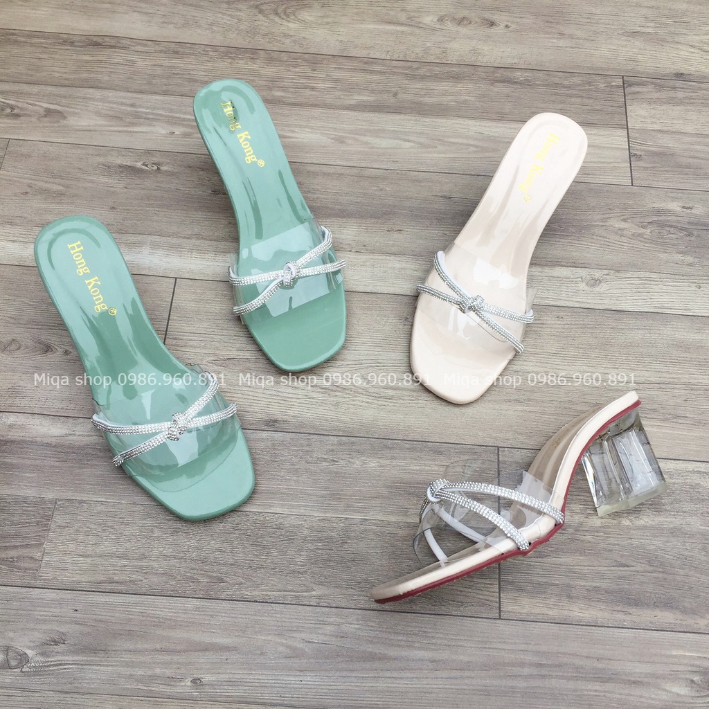 Dép cao gót nữ - Dép quai trong dây đá thắt nơ gót mika trong suốt cao 5p