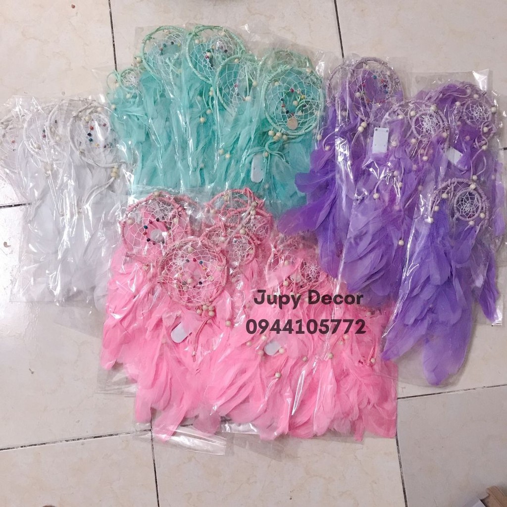 [SẴN + 🎁TẶNG ĐÈN ĐOM ĐÓM ] Dreamcatcher đính lông vũ màu pastel trắng /xanh /tím /hồng treo tường trang trí phòng ngủ