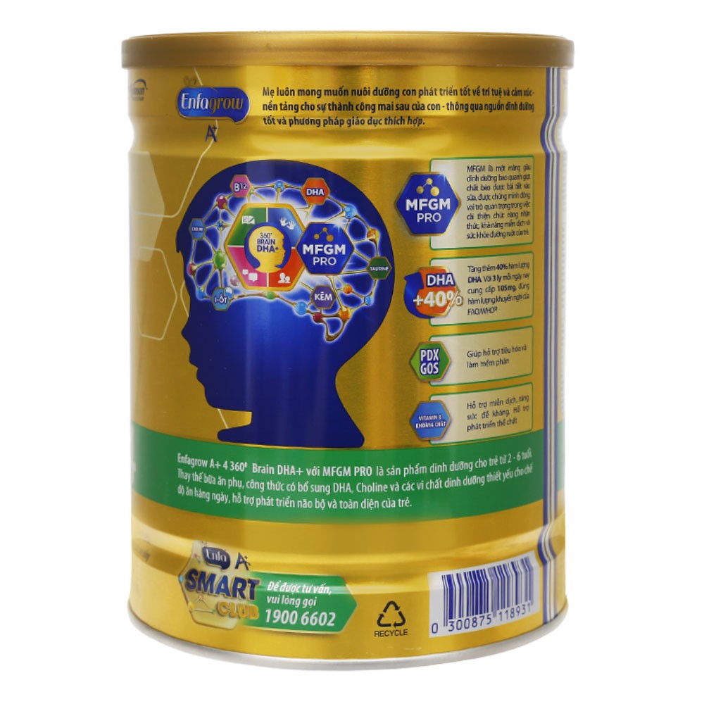 [CHÍNH HÃNG] Sữa Bột Mead Johnson Enfagrow A+ Số 4 Brain DHA+ và MFGM Pro Hộp 900g (Cho bé 2-6 tuổi)