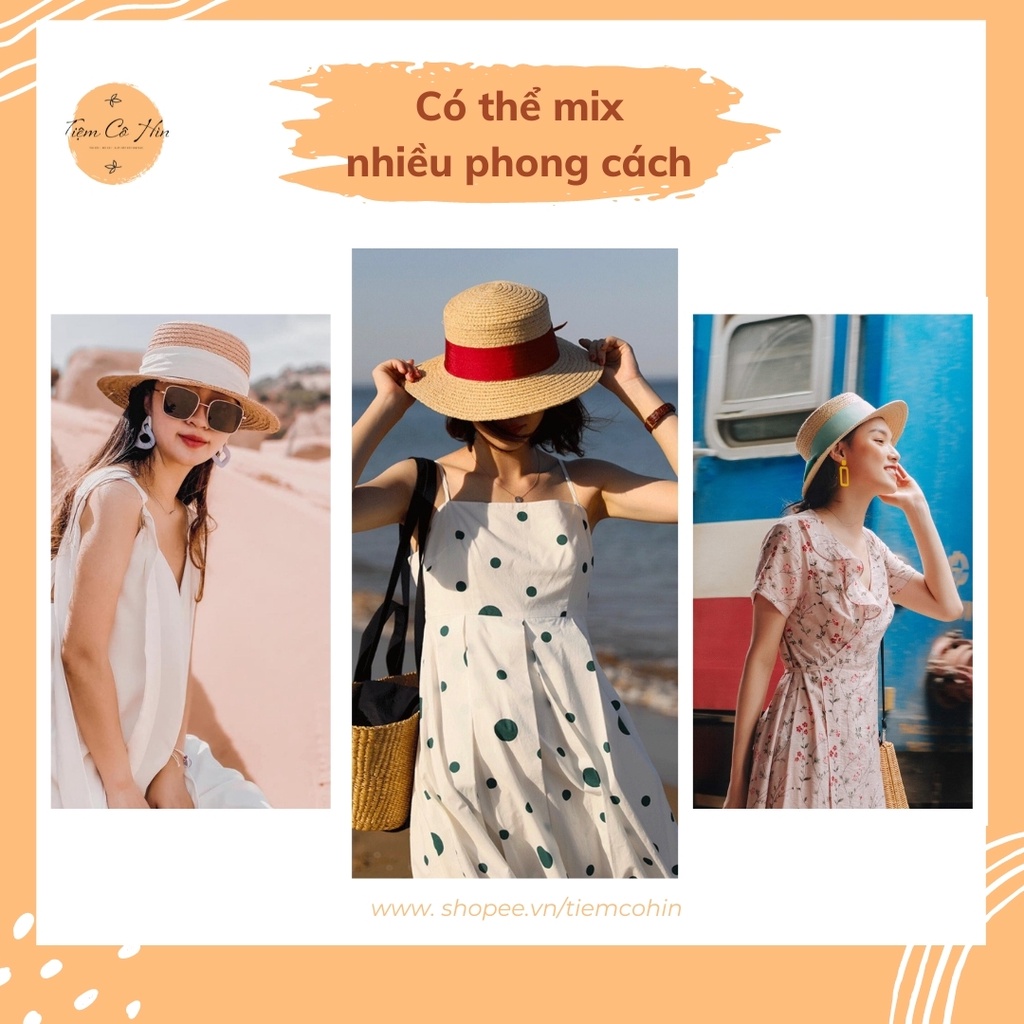 Mũ nón cói tiểu thư chất liệu cói raffia Tiệm Cô Hìn mũ nữ tính phù hợp với các bạn mặt nhỏ thích hợp đi du lịch ship 1h