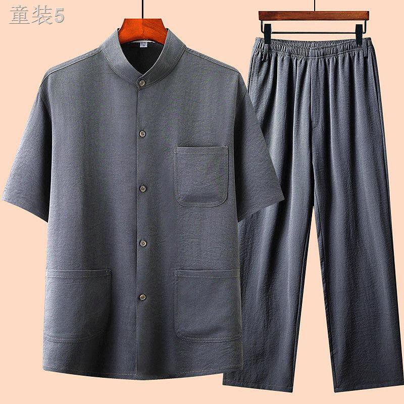 ☋Trung niên và cao tuổi Hanfu nam ngắn tay bộ đồ Tang cha giản dị của giới phong cách Quốc Quần áo ông nội mỏng mù