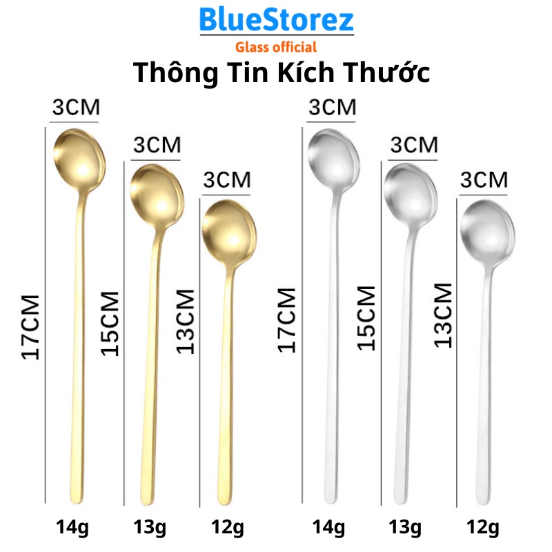 Thìa cafe, muỗng cafe, thìa dài uống pha trà inox 304 cao cấp, hai màu vàng bạc sang trọng, tinh tế - BlueStore