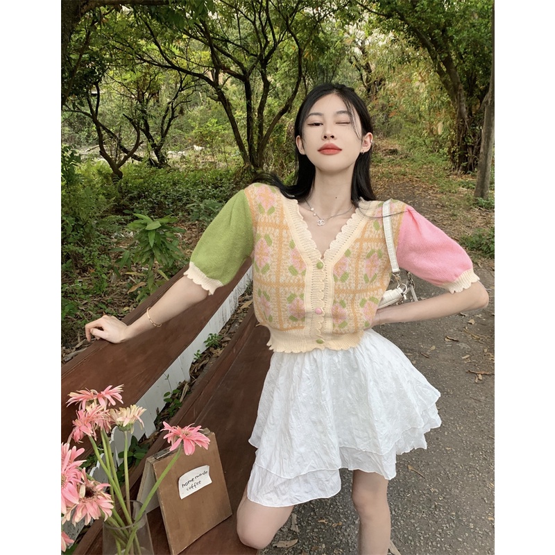 Cocory vn Áo Croptop Dệt Kim Tay Ngắn Cổ Chữ V Hoạ Tiết Hoa Thời Trang Mùa Hè