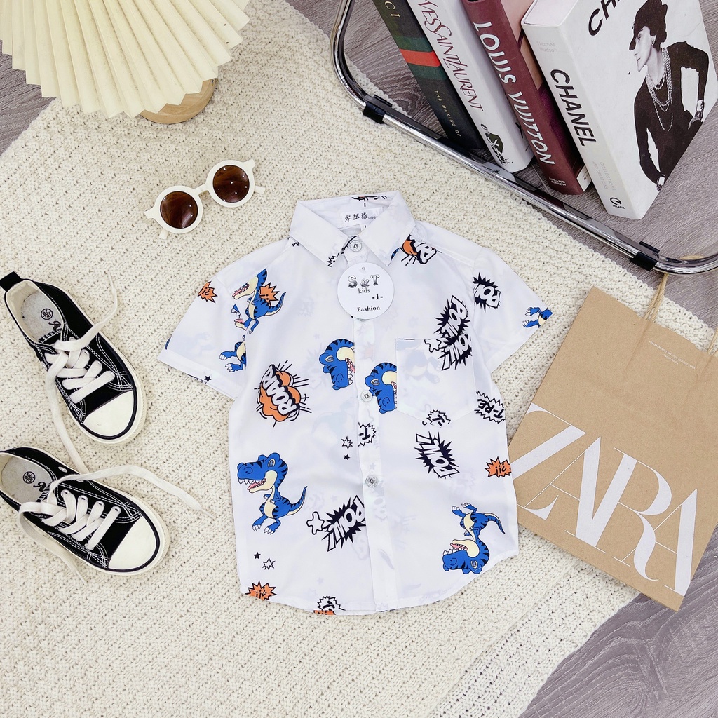 AT05 - Áo sơ mi bé trai, áo sơ mi cho bé trai in hình ngộ nghĩnh, chất đũi từ 8-25kg