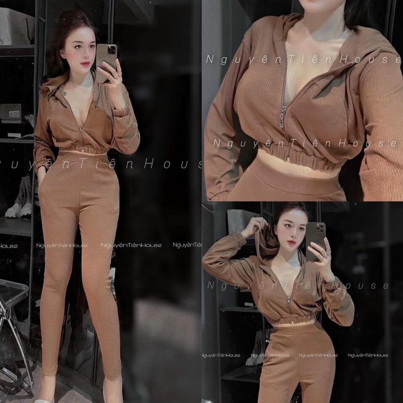 Sét thể thao khoá kéo thu đông croptop tay dài quần dài-hình thật.