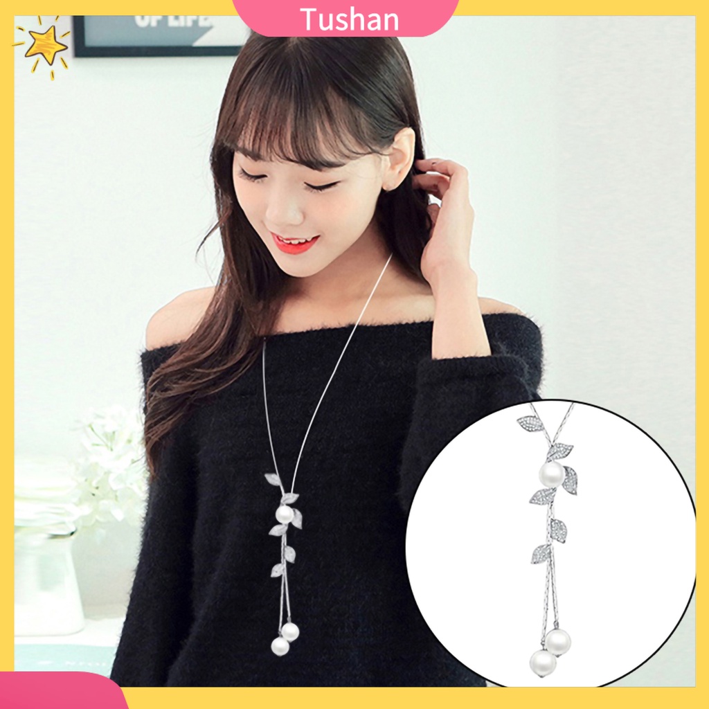 Dây chuyền mặt họa tiết lá phối ngọc trai tua rua dáng dài cho nữ