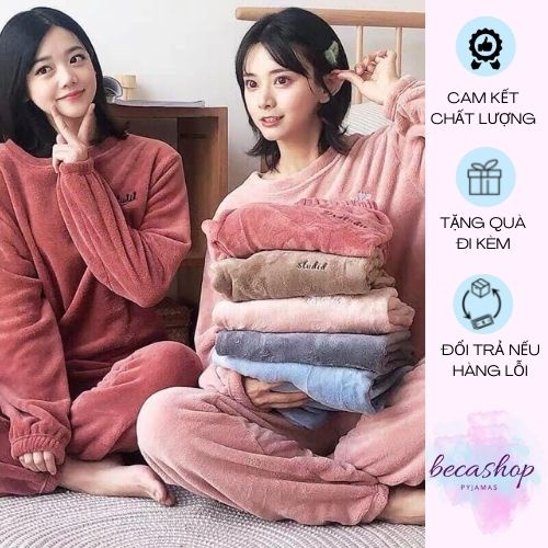 Bộ đồ mặc nhà mùa đông nỉ lông cừu nữ ngủ siêu ấm, Quần áo nỉ lông cừu mặc nhà mùa đông, đồ mặc nhà nữ