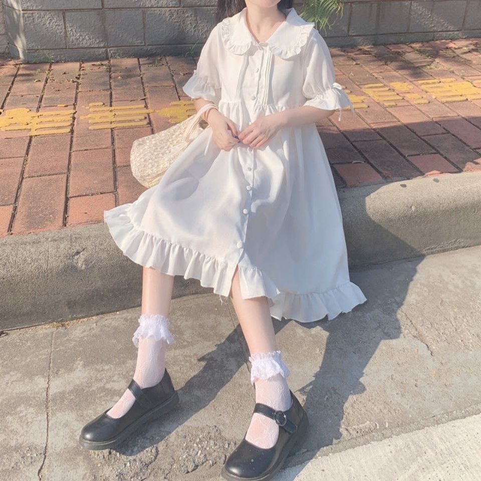 Đầm voan cổ búp bê tay ngắn phồng ngọt ngào phong cách Lolita màu trắng thời trang mùa hè dành cho bé gái