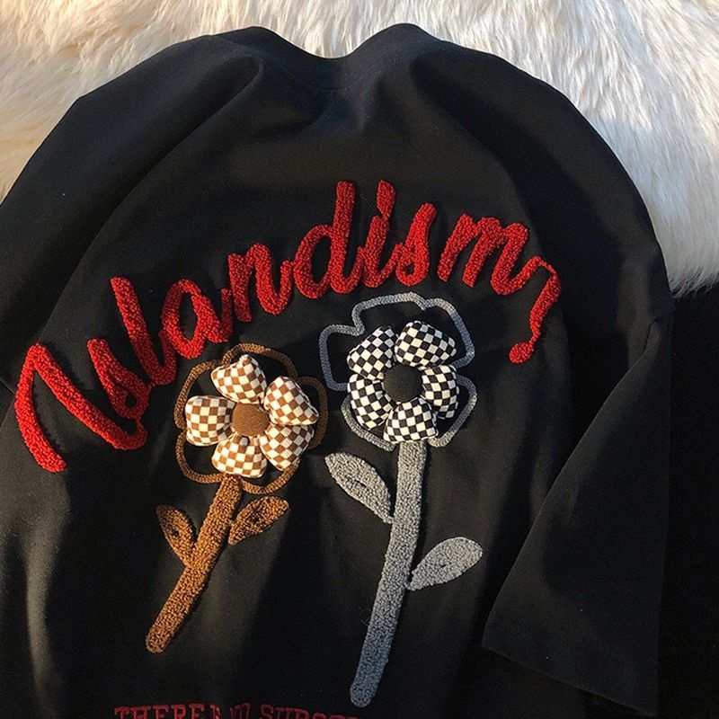 Áo Thun Ngắn Tay Thêu Họa Tiết Hoa Phong Cách Hàn Quốc Dành Cho Nữ