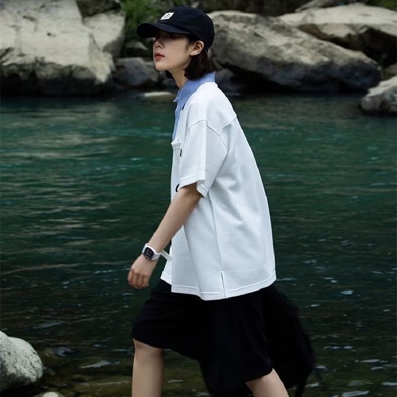 Áo Thun polo Ngắn Tay Dáng Rộng Thoáng Khí Phong Cách Đường Phố Nhật Bản Thời Trang Mùa Hè Cho Nam