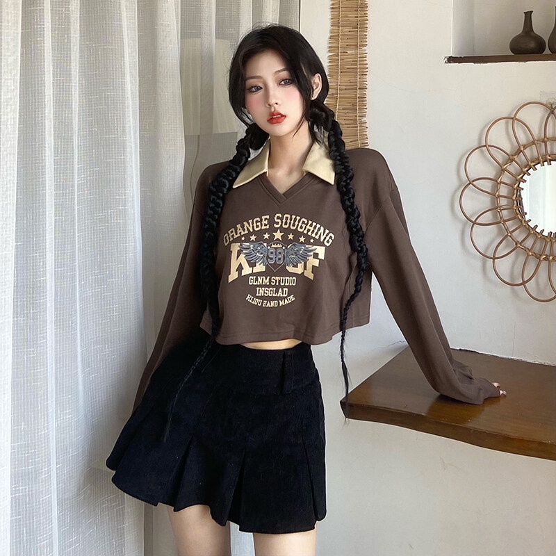 Kliou 2022 Mới vào mùa hè  Áo Thun Crop Top Tay Dài Cổ Chữ V In Chữ Phong Cách Mỹ Thời Trang Mùa Thu Mới Dành Cho Bạn Nữ
