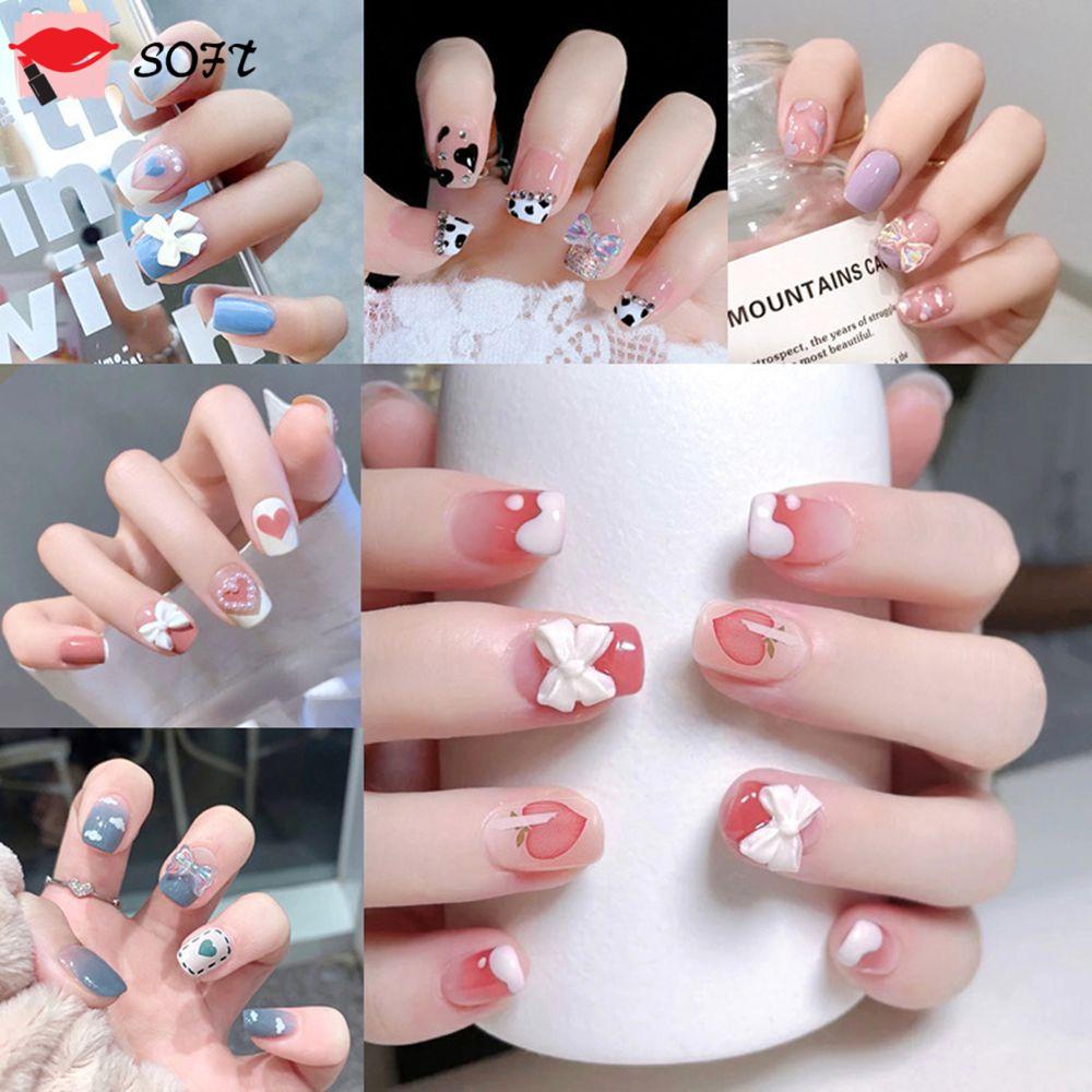 Hộp 24 móng tay giả ngắn đính nơ có thể tháo rời