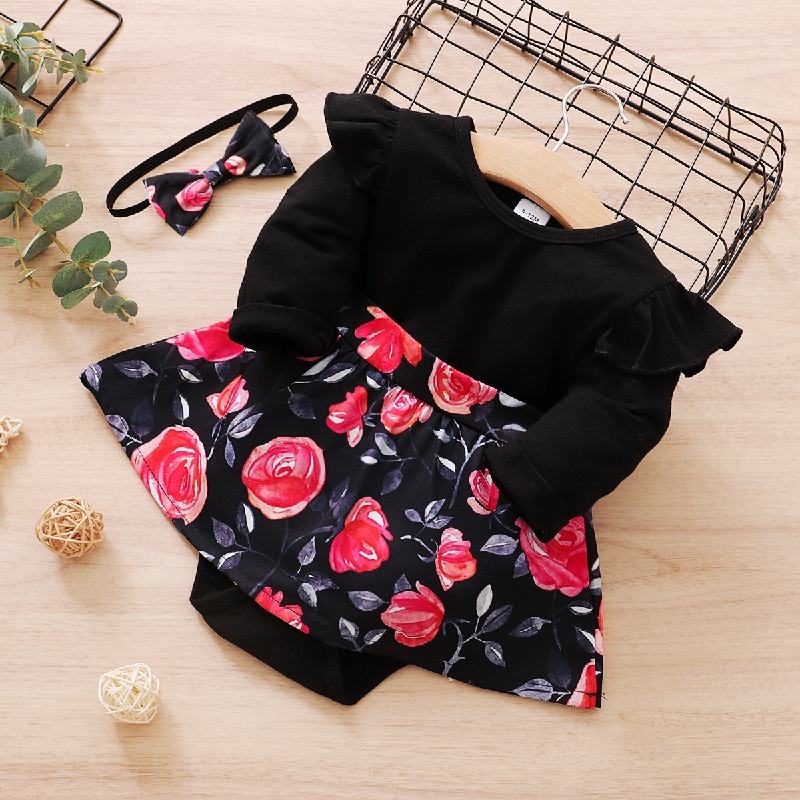 Áo liền quần Mikrdoo tay dài in họa tiết hoa với băng đô dễ thương thời trang dành cho bé gái