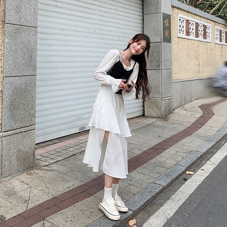 Đầm xòe ulzzang nữ dáng dài qua gối xẻ đùi tay bồng HV165, đầm dài tay cổ V xếp tầng phong cách hàn quốc