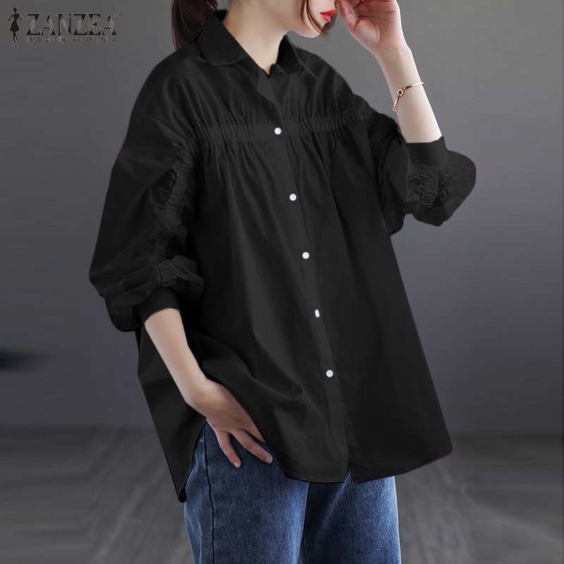 Áo sơ mi ZANZEA tay dài màu trơn thời trang Hàn Quốc nữ tính