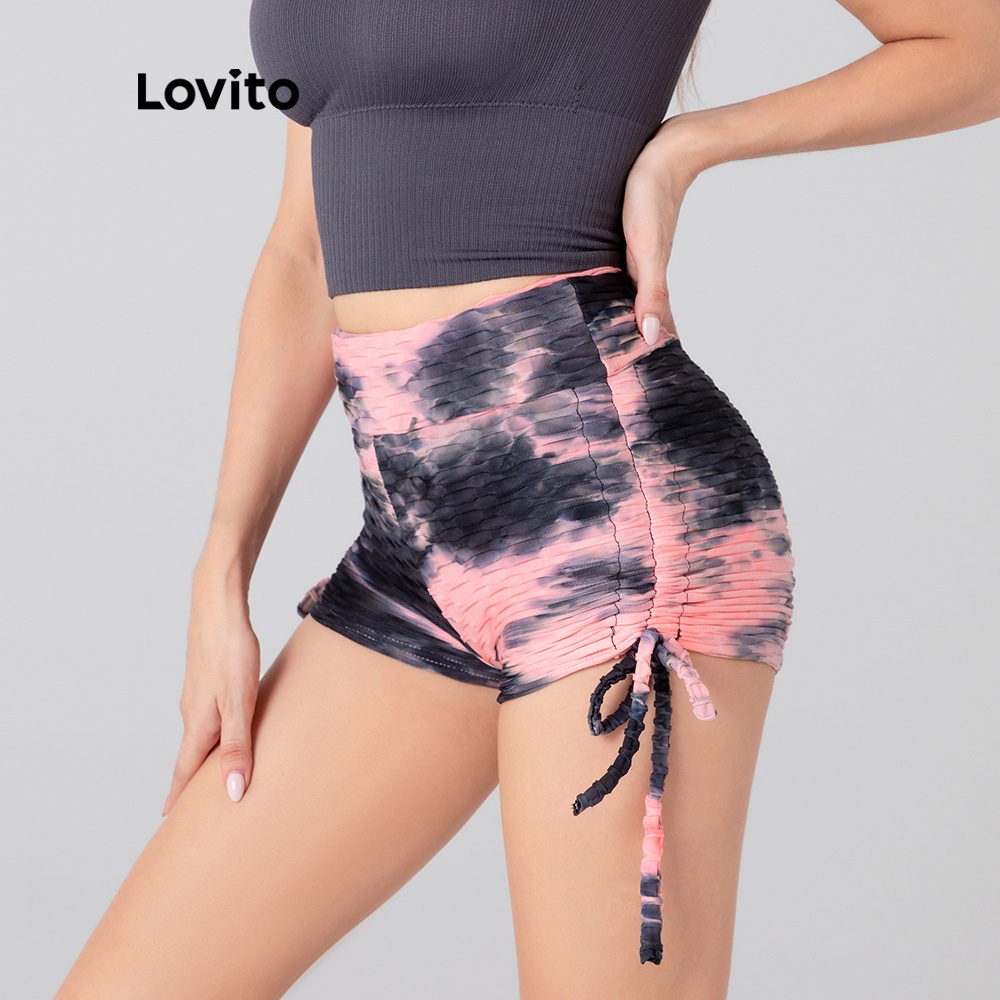 624 DELIST VN Quần ngắn Lovito kiểu thể thao nhuộm tie dye eo giữa có dây rút L05051 (màu hồng)