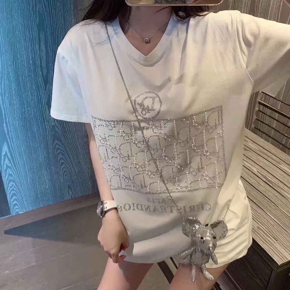 Áo Thun Cotton Dáng Rộng Tay Ngắn In Chữ Đính Đá Kim Cương Giả Phong Cách Hàn Quốc Hàng Mới Cho Nữ