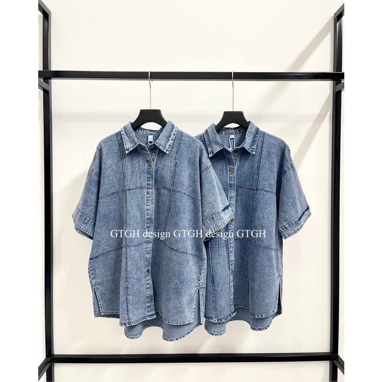 áo bò nữ cộc tay viền màu đậm dáng rộng cá tính, áo sơ mi jean nữ