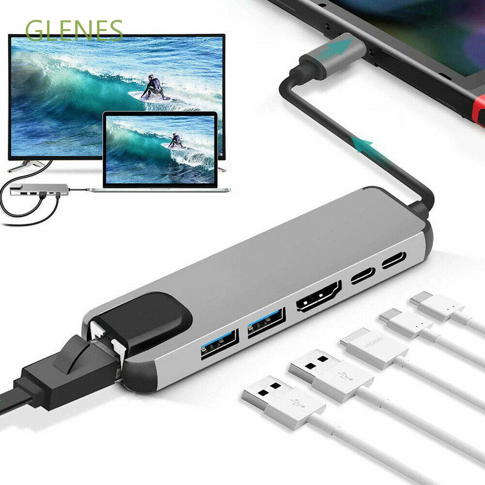 GLENES RJ45 Hub Adapter 6 in 1 Multiport Adapter USB Hubs USB C with 4K Ethernet Lan Charge USB 3.0 for MacBook Type C to HDMI Computer Peripherals/Multicolor