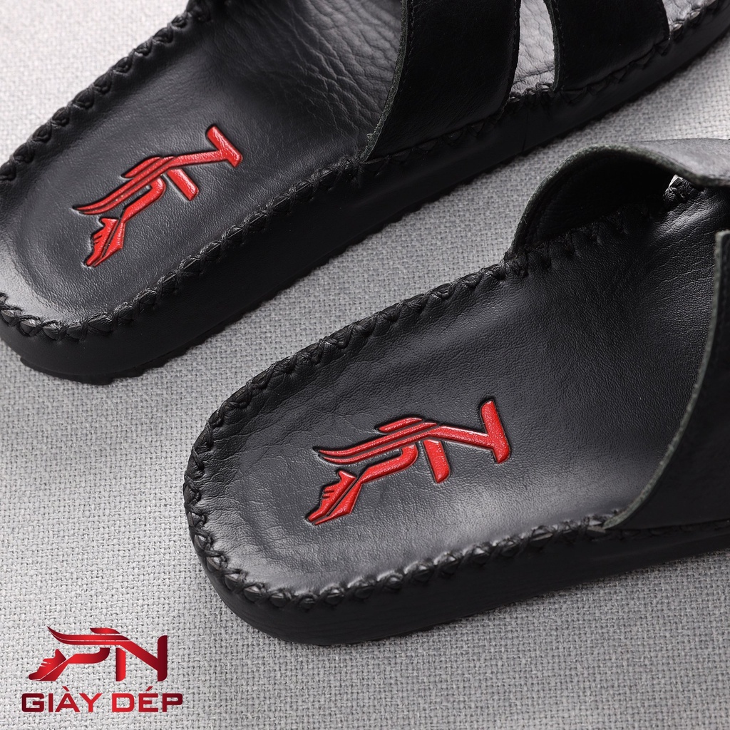 Dép Quai Ngang . Dép Da Nam Quai chữ H da bò cao cấp PN-08 màu đen