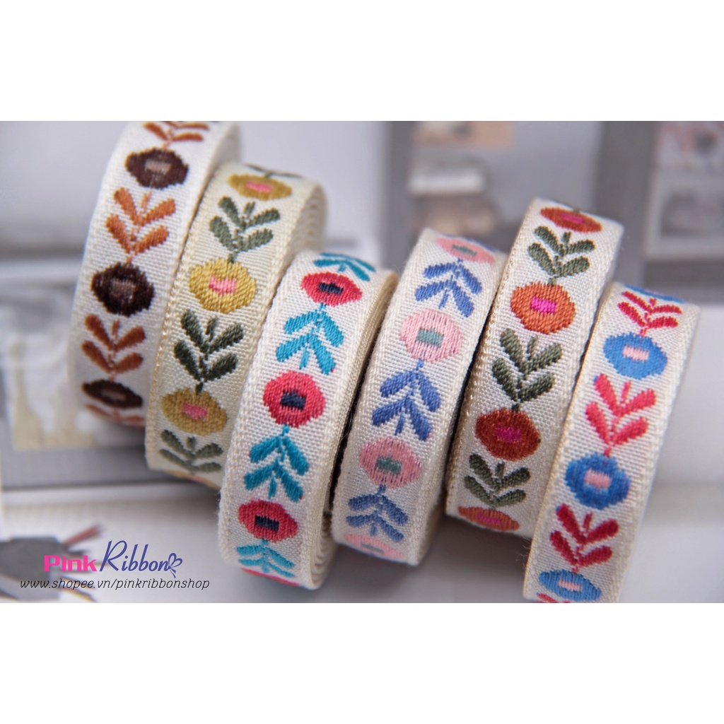 Ruy băng thô thêu hoa số 38, cỡ 1cm