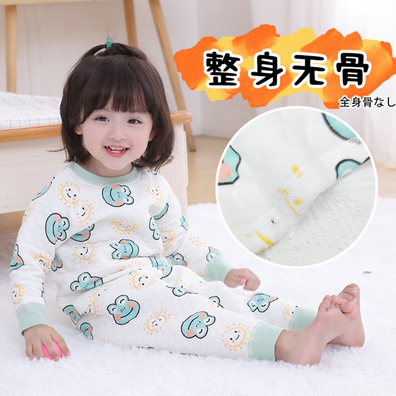 Bộ đồ ngủ 2 món tay dài ba lớp cotton giữ ấm in họa tiết hoạt hình cho bé trai bé gái