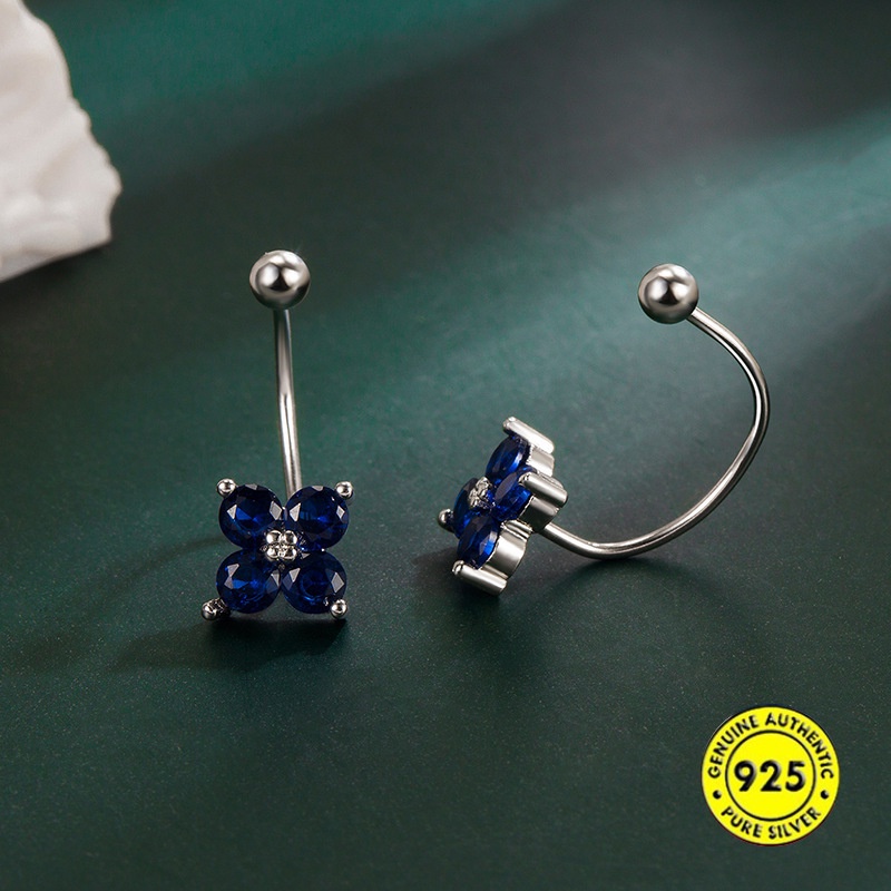 Bông Tai Hình Cỏ Bốn Lá Đính Đá Zircon Màu Xanh Dương AAA Chữ U Cho Nữ