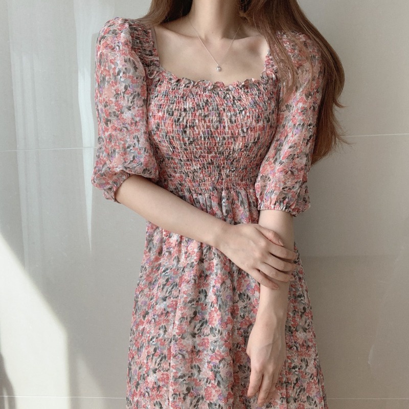 Đầm Voan Hoa Tay Ngắn Eo Co Giãn Thời Trang Mùa Hè Dành Cho Nữ