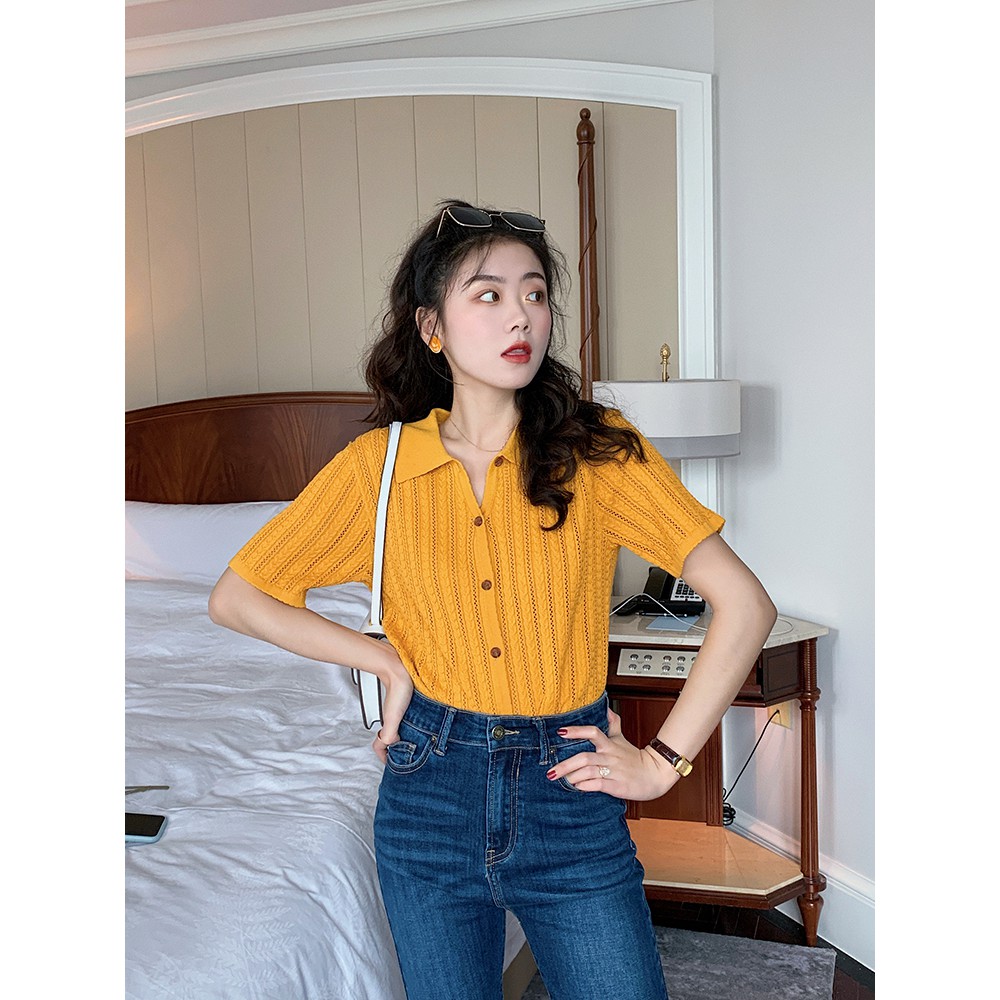 Áo dệt kim tay ngắn màu sắc đơn giản phong cách retro thời trang dành cho nữ