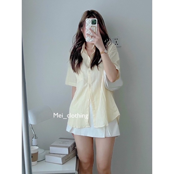 Áo sơmi gân tay lỡ xẻ lưng cách điệu, sơ mi nữ gợn sóng buộc nơ lưng A4