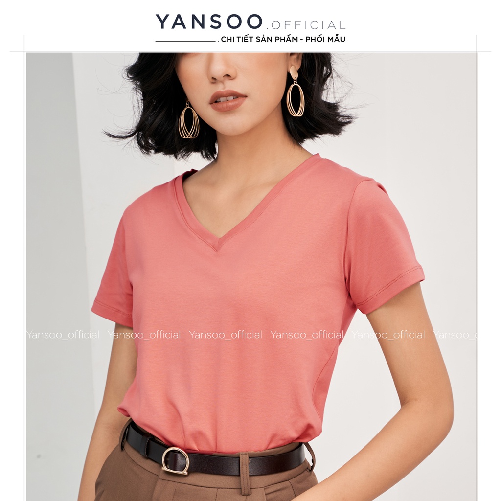 Áo phông nữ Yansoo cộc tay cổ tim chữ v thun trơn form rộng co giãn màu đen trắng cam hồng bigsize thời trang basic A18