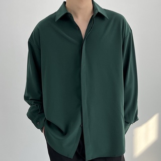 Áo sơ mi Xanh đậm giấu cúc, cổ trụ, cổ vest tàu dài tay vải lụa mềm form rộng phong cách hàn quốc cao cấp