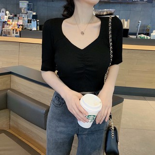 Áo Thun Gân Cổ Tim Tay Ngắn Hot Trend Nhúm Ngực Điệu Đà TTSA0693