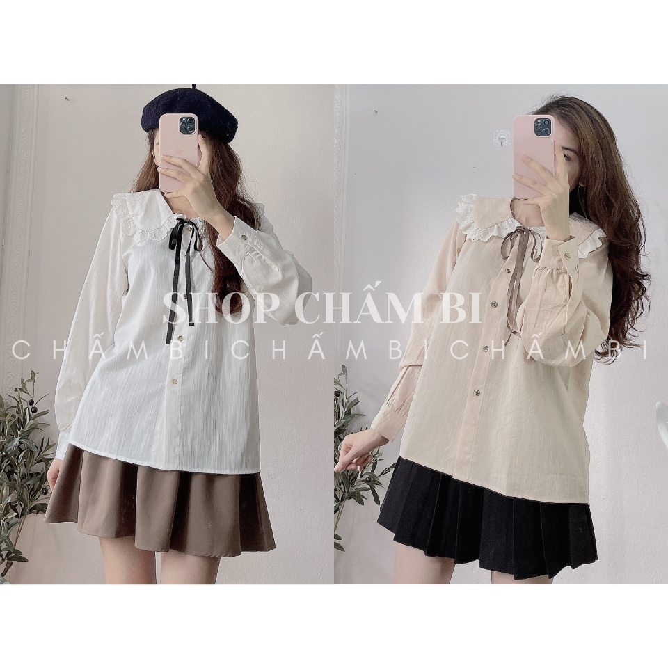 Áo sơ mi kiểu nữ A.254, Áo kiểu dài tay cổ sen pha bèo ren thắt dây nơ cách điệu style
