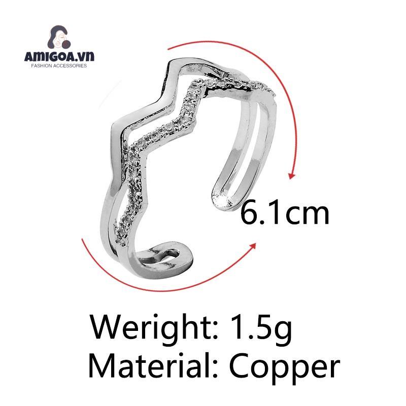 Nhẫn Hai Lớp Họa Tiết Gợn Sóng Đính Đá Zircon Thời Trang Bắt Mắt
