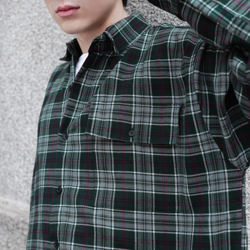 Áo Sơ Mi Flannel Màu Xanh Sọc Tím Form Rộng Thoải Mái Chất Liệu Cotton Thoáng Mát