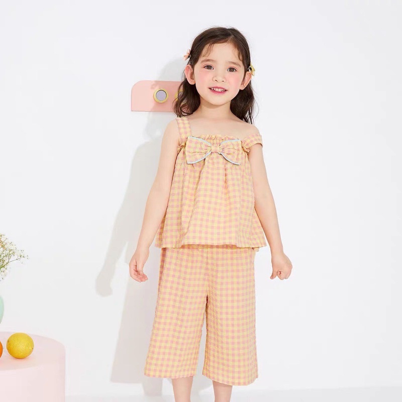 B190 - Bộ culottes kẻ vàng smock nơ