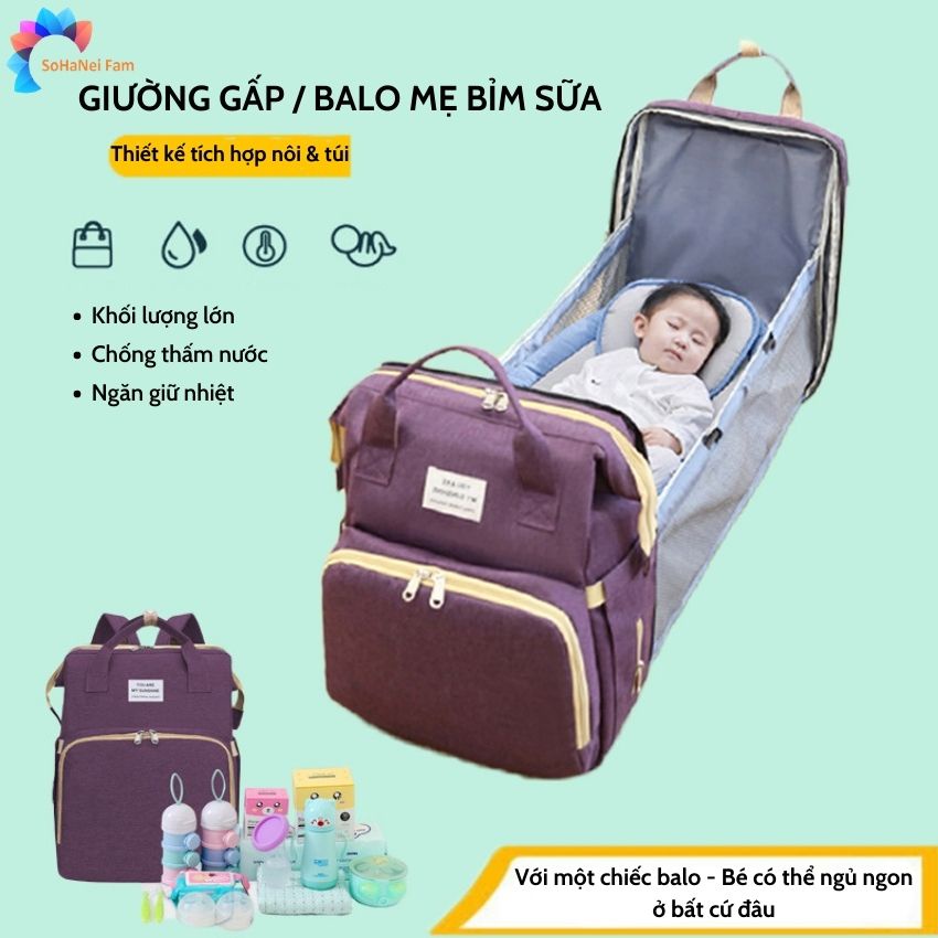 Balo Bỉm Sữa Đa Năng Tích Hợp Nôi Gấp Gọn Cho Bé, Nhiều Ngăn, Chống Bụi, Chống Thấm Nước -SOHANEI FAM -Mommy Bag