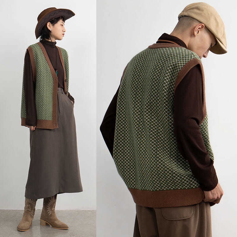 Áo khoác vest không tay kẻ ô màu xanh lá cây cổ điển thời trang mùa thu