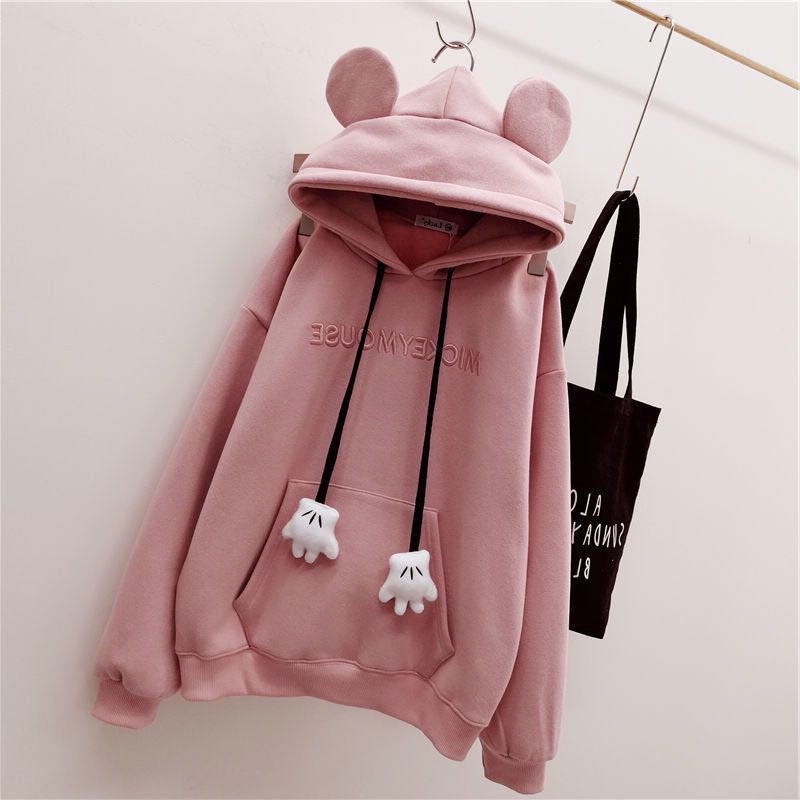 Áo Hoodie Dáng Rộng Phối Tai Thỏ Dễ Thương Phong Cách Hàn Quốc Cho Nữ