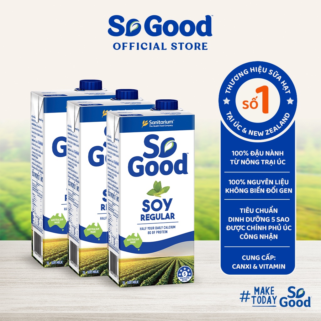 Combo 3 hộp sữa hạt đậu nành nguyên chất SO GOOD 1L calo thấp ít béo, bổ sung canxi phù hợp mẹ bầu, người ăn kiêng đường