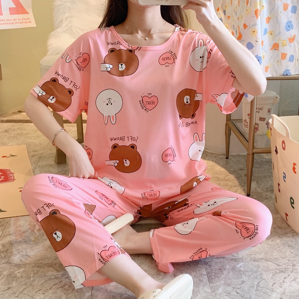 Đồ bộ nữ đồ ngủ bigsize quần dài áo cộc mặc nhà mùa hè  thun cotton cute dễ thương 40-70Kg  TOZZO BCD09
