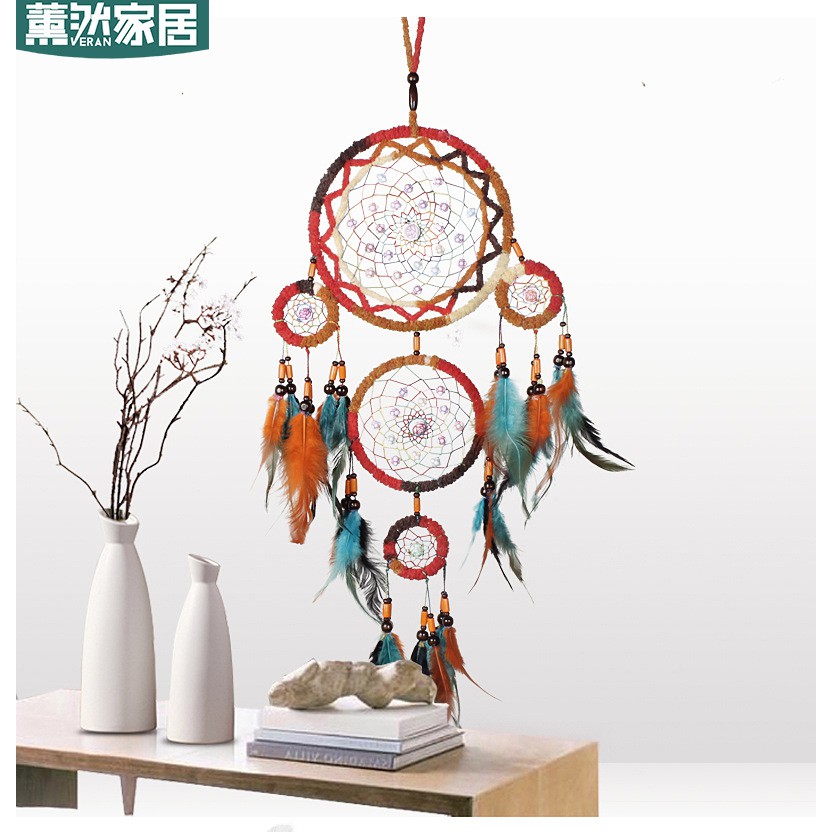 Dreamcatcher boho đỏ cam có lông vũ treo tường trang trí, decor homestay - Handmade Dreamcatcher Decoration