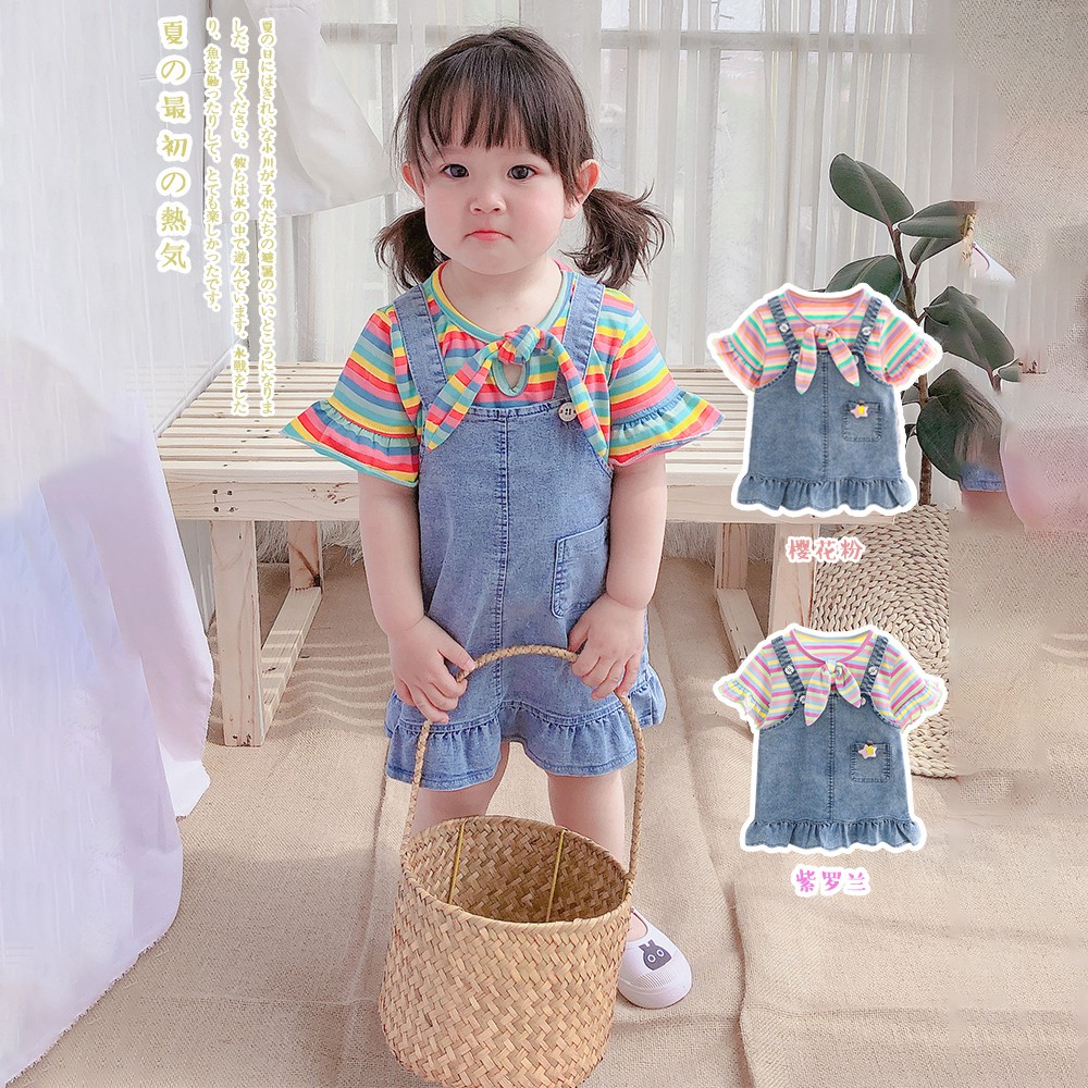 Set áo thun tay ngắn họa tiết kẻ sọc phối váy jean dễ thương dành cho bé gái ( Có bán lẻ)